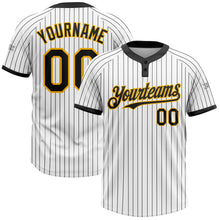 Load image into Gallery viewer, Custom White Black Pinstripe Gold Two-Button Unisex Softball Jersey
