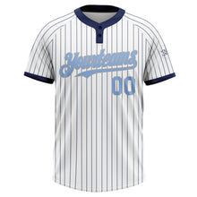 Load image into Gallery viewer, Custom White Navy Pinstripe Light Blue-Gray Two-Button Unisex Softball Jersey