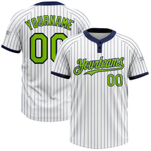Load image into Gallery viewer, Custom White Navy Pinstripe Neon Green Two-Button Unisex Softball Jersey