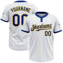 Load image into Gallery viewer, Custom White Royal Pinstripe Yellow Two-Button Unisex Softball Jersey