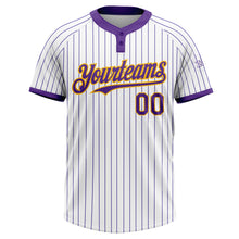Load image into Gallery viewer, Custom White Purple Pinstripe Gold Two-Button Unisex Softball Jersey