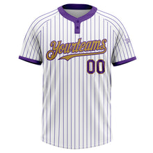 Load image into Gallery viewer, Custom White Purple Pinstripe Old Gold Two-Button Unisex Softball Jersey