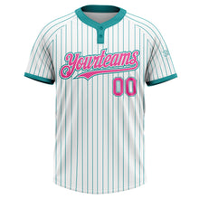 Load image into Gallery viewer, Custom White Teal Pinstripe Pink Two-Button Unisex Softball Jersey