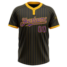 Load image into Gallery viewer, Custom Black Gold Pinstripe Purple Two-Button Unisex Softball Jersey