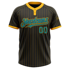 Load image into Gallery viewer, Custom Black Gold Pinstripe Teal Two-Button Unisex Softball Jersey