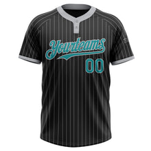Load image into Gallery viewer, Custom Black Gray Pinstripe Teal Two-Button Unisex Softball Jersey