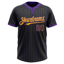 Load image into Gallery viewer, Custom Black Purple Pinstripe Gold Two-Button Unisex Softball Jersey