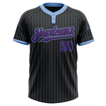 Load image into Gallery viewer, Custom Black Light Blue Pinstripe Purple Two-Button Unisex Softball Jersey