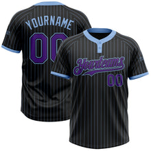 Load image into Gallery viewer, Custom Black Light Blue Pinstripe Purple Two-Button Unisex Softball Jersey