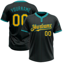 Load image into Gallery viewer, Custom Black Teal Pinstripe Yellow Two-Button Unisex Softball Jersey