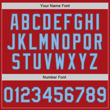 Load image into Gallery viewer, Custom Red Steel Gray Pinstripe Light Blue Two-Button Unisex Softball Jersey