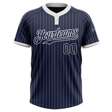 Load image into Gallery viewer, Custom Navy White Pinstripe White Two-Button Unisex Softball Jersey