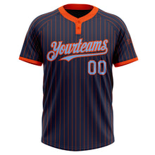 Load image into Gallery viewer, Custom Navy Orange Pinstripe Light Blue Two-Button Unisex Softball Jersey