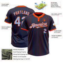 Load image into Gallery viewer, Custom Navy Orange Pinstripe Light Blue Two-Button Unisex Softball Jersey