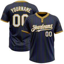 Load image into Gallery viewer, Custom Navy Old Gold Pinstripe White Two-Button Unisex Softball Jersey