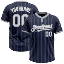 Load image into Gallery viewer, Custom Navy Gray Pinstripe White Two-Button Unisex Softball Jersey