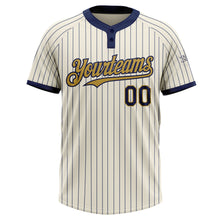 Load image into Gallery viewer, Custom Cream Navy Pinstripe Old Gold Two-Button Unisex Softball Jersey