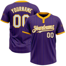 Load image into Gallery viewer, Custom Purple Gold Pinstripe White Two-Button Unisex Softball Jersey