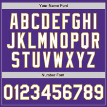 Load image into Gallery viewer, Custom Purple Old Gold Pinstripe White Two-Button Unisex Softball Jersey