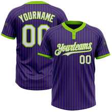 Load image into Gallery viewer, Custom Purple Neon Green Pinstripe White Two-Button Unisex Softball Jersey