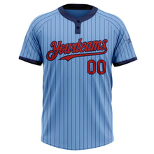 Load image into Gallery viewer, Custom Light Blue Navy Pinstripe Red Two-Button Unisex Softball Jersey