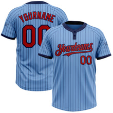 Load image into Gallery viewer, Custom Light Blue Navy Pinstripe Red Two-Button Unisex Softball Jersey