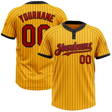 Load image into Gallery viewer, Custom Gold Black Pinstripe Red Two-Button Unisex Softball Jersey