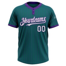 Load image into Gallery viewer, Custom Teal Purple Pinstripe White Two-Button Unisex Softball Jersey