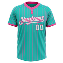Load image into Gallery viewer, Custom Aqua Pink Pinstripe White Two-Button Unisex Softball Jersey