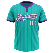 Load image into Gallery viewer, Custom Aqua Purple Pinstripe White Two-Button Unisex Softball Jersey