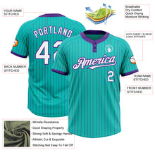 Load image into Gallery viewer, Custom Aqua Purple Pinstripe White Two-Button Unisex Softball Jersey