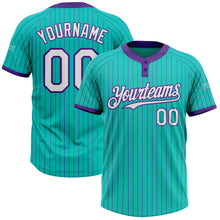 Load image into Gallery viewer, Custom Aqua Purple Pinstripe White Two-Button Unisex Softball Jersey