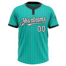 Load image into Gallery viewer, Custom Aqua Black Pinstripe White Two-Button Unisex Softball Jersey