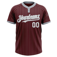 Load image into Gallery viewer, Custom Burgundy Gray Pinstripe White Two-Button Unisex Softball Jersey