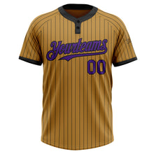 Load image into Gallery viewer, Custom Old Gold Black Pinstripe Purple Two-Button Unisex Softball Jersey