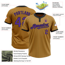 Load image into Gallery viewer, Custom Old Gold Black Pinstripe Purple Two-Button Unisex Softball Jersey