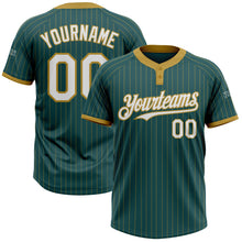 Load image into Gallery viewer, Custom Midnight Green Old Gold Pinstripe White Two-Button Unisex Softball Jersey