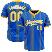 Load image into Gallery viewer, Custom Thunder Blue Yellow Pinstripe White Two-Button Unisex Softball Jersey