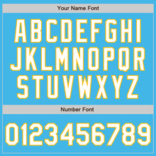 Load image into Gallery viewer, Custom Sky Blue Gold Pinstripe White Two-Button Unisex Softball Jersey