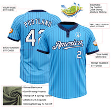Load image into Gallery viewer, Custom Sky Blue Navy Pinstripe White Two-Button Unisex Softball Jersey