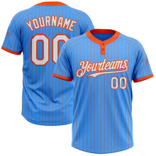 Load image into Gallery viewer, Custom Electric Blue Orange Pinstripe White Two-Button Unisex Softball Jersey