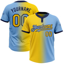 Load image into Gallery viewer, Custom Light Blue Yellow-Navy Gradient Fashion Two-Button Unisex Softball Jersey