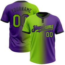 Load image into Gallery viewer, Custom Purple Neon Green-Black Gradient Fashion Two-Button Unisex Softball Jersey