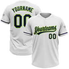 Load image into Gallery viewer, Custom White Navy-Neon Green Two-Button Unisex Softball Jersey