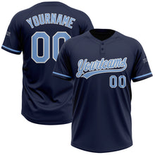 Load image into Gallery viewer, Custom Navy Light Blue-White Two-Button Unisex Softball Jersey