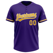 Load image into Gallery viewer, Custom Purple Gold-White Two-Button Unisex Softball Jersey