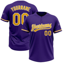 Load image into Gallery viewer, Custom Purple Gold-White Two-Button Unisex Softball Jersey