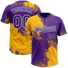 Load image into Gallery viewer, Custom Gold Purple-White 3D Pattern Abstract Brush Stroke Two-Button Unisex Softball Jersey