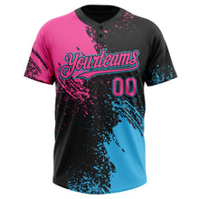 Load image into Gallery viewer, Custom Black Pink-Sky Blue 3D Pattern Abstract Brush Stroke Two-Button Unisex Softball Jersey