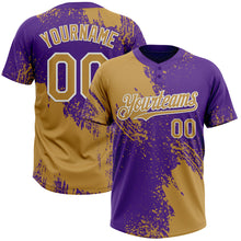 Load image into Gallery viewer, Custom Old Gold Purple-White 3D Pattern Abstract Brush Stroke Two-Button Unisex Softball Jersey